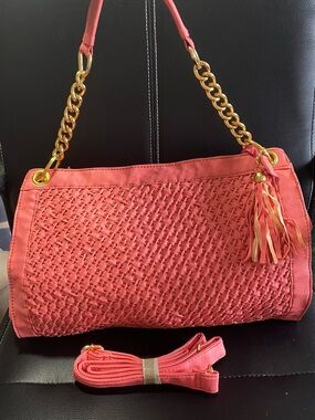Yoki Coral Woven Shoulder Bag with Tassel Accent